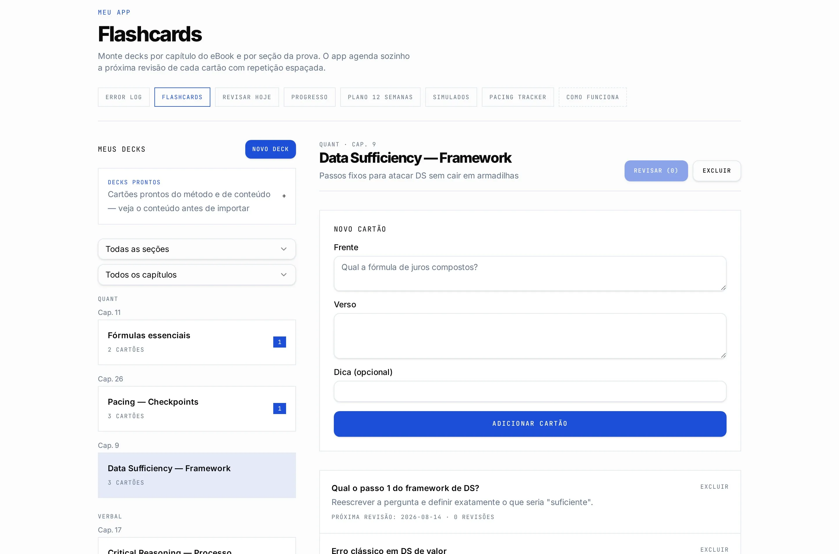 Interface de flashcards com repetição espaçada